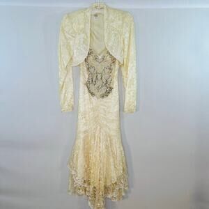 Vintage 1990’s Lace and Sequin Fitted Dress with Bolero Jacket Formal Wedding